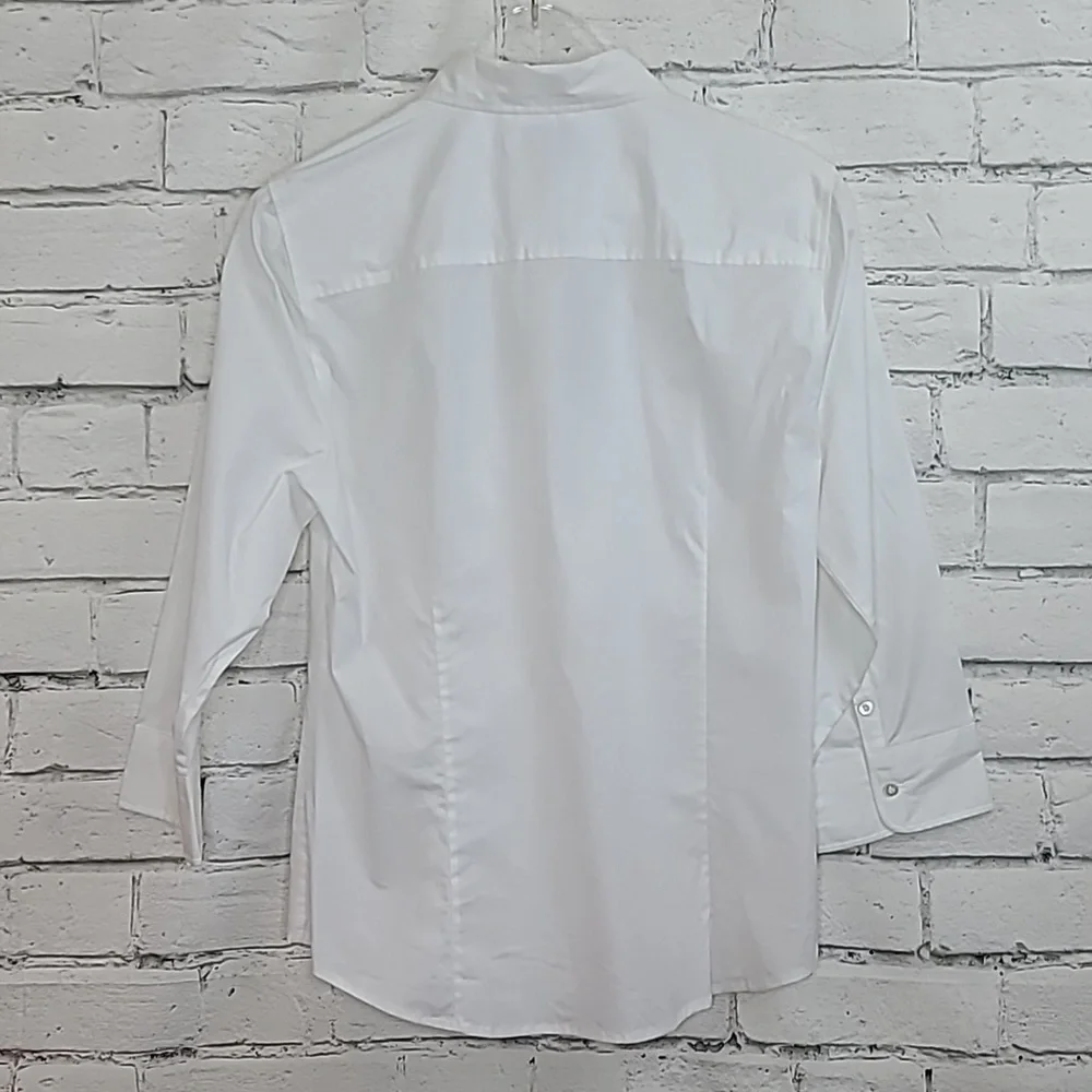 J Crew Stretch Cotton Perfect Fitted Button Front 3/4 Sleeve Blouse/Shirt White